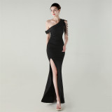 Women beaded one-shoulder satin fishtail pleated evening dress