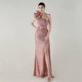 Women flower beaded one-shoulder Slash Shoulder fishtail evening dress