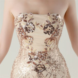 Women Strapless cross Lace-Up sequined tube flower sequined mesh evening dress Formal Party evening dress