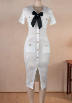 Summer Women's V-Neck Short Sleeve Slim Waist Chic Knitting Dress