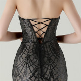 Women Strapless cross Lace-Up sequined tube flower sequined mesh evening dress Formal Party evening dress