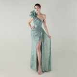 Women one-shoulder sequined flower beaded fishtail evening dress