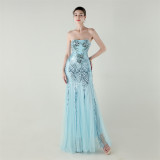 Women Strapless cross Lace-Up sequined tube flower sequined mesh evening dress Formal Party evening dress
