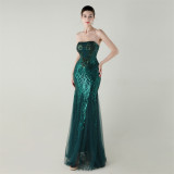 Women Strapless cross Lace-Up sequined tube flower sequined mesh evening dress Formal Party evening dress