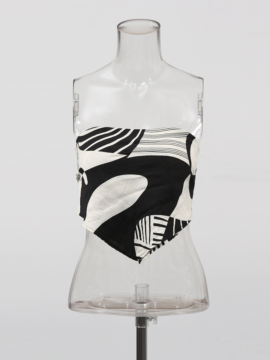 Sexy Strapless Low Back Top + Fashion Print Straight-Leg Pants Two-Piece Set