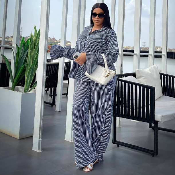 Women's Fashion Striped Button Bell Sleeve Shirt Wide Leg Pants African Casual Set