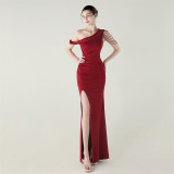 Women beaded one-shoulder satin fishtail pleated evening dress