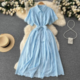 Women Turndown Collar Puff Sleeve Lace Hollow French Maxi Shirt Dress