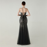 Women Strapless cross Lace-Up sequined tube flower sequined mesh evening dress Formal Party evening dress