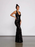 Women's Sexy Halter Neck Sequin Dress Fashion Long Gown