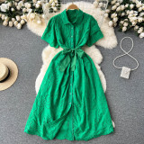 Women Turndown Collar Puff Sleeve Lace Hollow French Maxi Shirt Dress