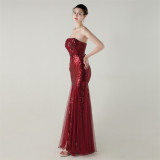 Women Strapless cross Lace-Up sequined tube flower sequined mesh evening dress Formal Party evening dress