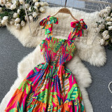 Holidays Dress Summer Strap Lace-Up Slim Waist Flared Print Dress