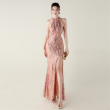 Women sequined sequined tube flower beaded sexy backless fishtail Formal Party evening dress