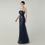 Women Strapless cross Lace-Up sequined tube flower sequined mesh evening dress Formal Party evening dress