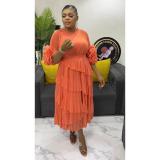 Plus Size African Women pleated Bell Bottom sleeve dress