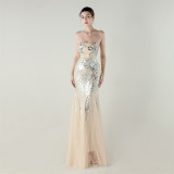 Women Strapless cross Lace-Up sequined tube flower sequined mesh evening dress Formal Party evening dress