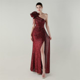 Women flower beaded one-shoulder Slash Shoulder fishtail evening dress