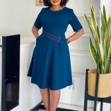 Women's Fashion Short Sleeve Solid Color High Waist A-ine African Dress