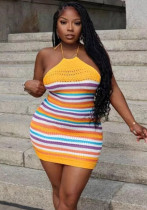 Rainbow Summer Stripes Sleeveless Sexy Low Back Knitting Dress