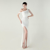 Women beaded one-shoulder satin fishtail pleated evening dress