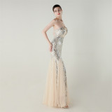 Women Strapless cross Lace-Up sequined tube flower sequined mesh evening dress Formal Party evening dress