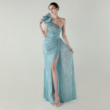 Women one-shoulder sequined flower beaded fishtail evening dress