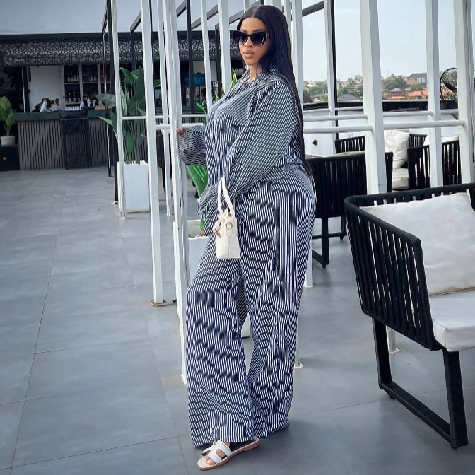 Women's Fashion Striped Button Bell Sleeve Shirt Wide Leg Pants African Casual Set