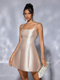 Women's Solid Color Strap Short Dress Sexy Low Back Gown Sleeveless A-line Evening Dress