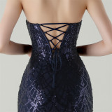 Women Strapless cross Lace-Up sequined tube flower sequined mesh evening dress Formal Party evening dress