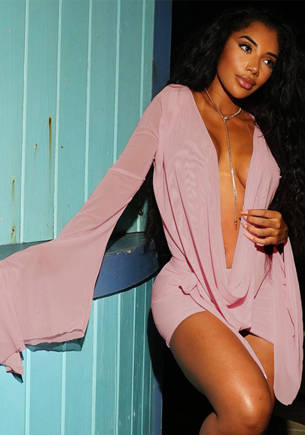 Women's Mesh Draped Neck Flared Long Sleeve Low Back Short Dress