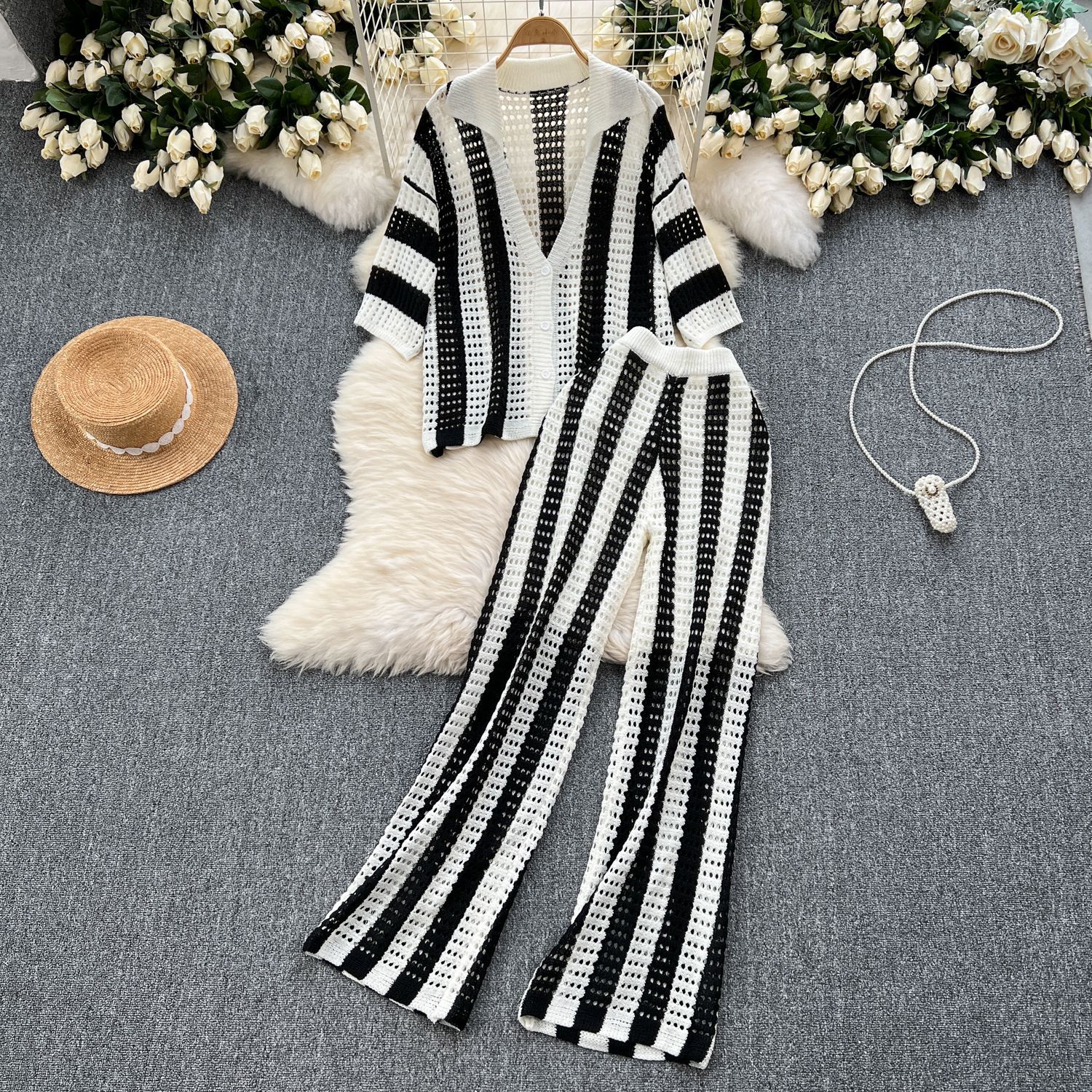 Women's Summer V-Neck Loose Knit Cardigan Top + Wide-Leg Pants Set Color-Block Striped Hollow-Out Outfit
