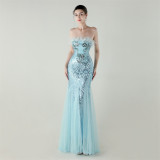 Women sequined tube flower ostrich feather Strapless cross Lace-Up Mesh Formal Party fishtail evening dress