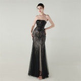 Women Strapless cross Lace-Up sequined tube flower sequined mesh evening dress Formal Party evening dress