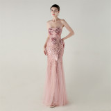 Women Strapless cross Lace-Up sequined tube flower sequined mesh evening dress Formal Party evening dress