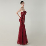 Women Strapless cross Lace-Up sequined tube flower sequined mesh evening dress Formal Party evening dress