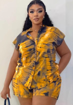 Women's Short Sleeve Turndown Collar Plus Size Print Shirt Casual Shorts African Fashion Loose Two-Piece Set