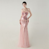 Women sequined tube flower ostrich feather Strapless cross Lace-Up Mesh Formal Party fishtail evening dress