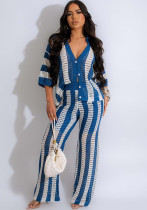 Women's Summer V-Neck Loose Knit Cardigan Top + Wide-Leg Pants Set Color-Block Striped Hollow-Out Outfit