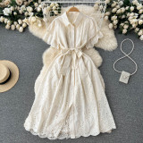 Women Turndown Collar Puff Sleeve Lace Hollow French Maxi Shirt Dress