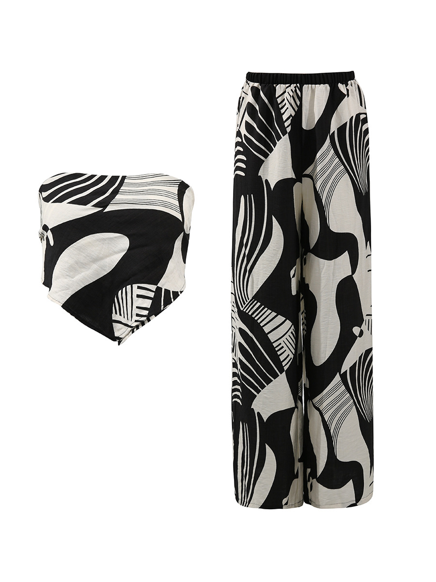 Sexy Strapless Low Back Top + Fashion Print Straight-Leg Pants Two-Piece Set
