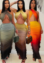 Women's Fashion Gradient Print Crop Top Pleated Skirt Two-Piece Set Women's Fashion Gradient Print Crop Top Pleated Skirt Two-Piece Set