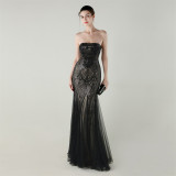 Women Strapless cross Lace-Up sequined tube flower sequined mesh evening dress Formal Party evening dress