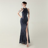 Women sequined sequined tube flower beaded sexy backless fishtail Formal Party evening dress