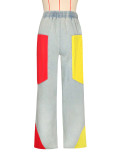 Women's Casual Drawstring High-Waist Contrast Patchwork Gradient Denim Pants
