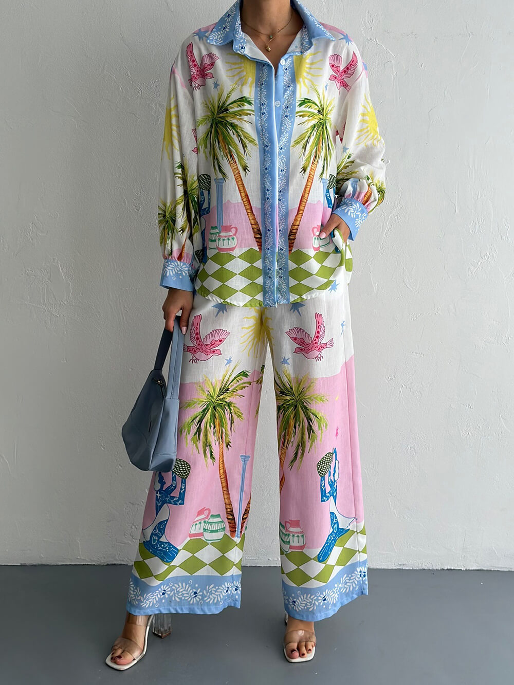 Women Style Printed Linen Long Sleeve Shirt and Pants Two-Piece Set