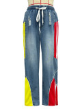 Women's Casual Drawstring High-Waist Contrast Patchwork Gradient Denim Pants