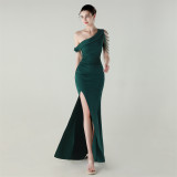 Women beaded one-shoulder satin fishtail pleated evening dress
