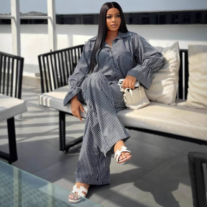 Women's Fashion Striped Button Bell Sleeve Shirt Wide Leg Pants African Casual Set