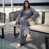 Women's Fashion Striped Button Bell Sleeve Shirt Wide Leg Pants African Casual Set